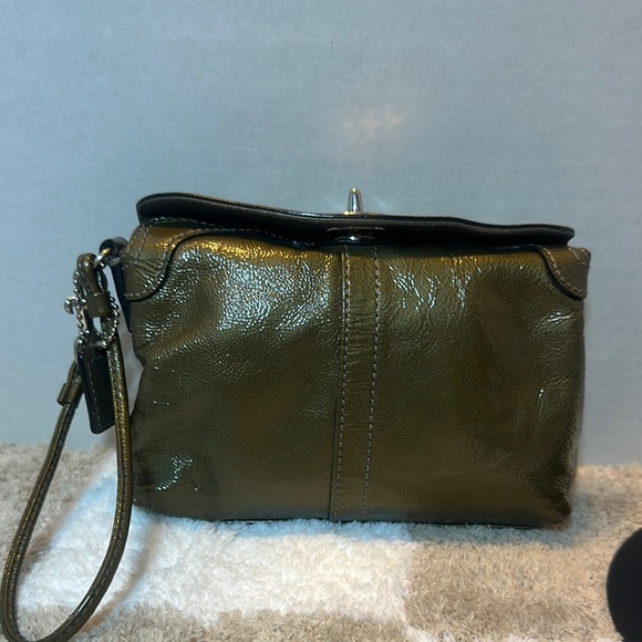 Coach Patent Metallic Olive Wristlet  Bag - Picture 2 of 5